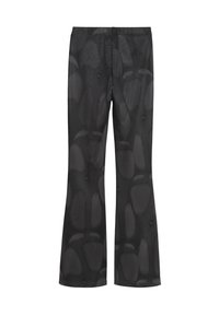 Black pants with a patterned texture featuring varying dot sizes. Flared design, elastic waistband, and smooth fabric.