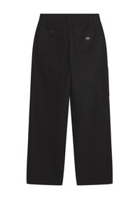 Zwarte cargo-broek met wijde pijpen en een gestructureerde afwerking, met twee achterzakken en een zijcargozak. Label op de achterkant van de tailleband.