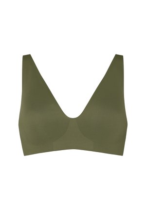 Nahtloser olivgrüner kabelloser BH mit breiten Trägern und tiefem V-Ausschnitt, entworfen für Komfort und Halt.