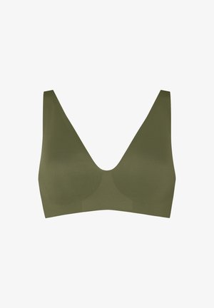 Soutien-gorge sans couture vert olive sans armatures avec larges bretelles et décolleté en V profond, conçu pour le confort et le maintien.