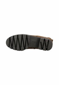 Bottine en suède marron avec une semelle en caoutchouc noir texturé, dotée de motifs de grip en zigzag et d'une conception à bout rond.
