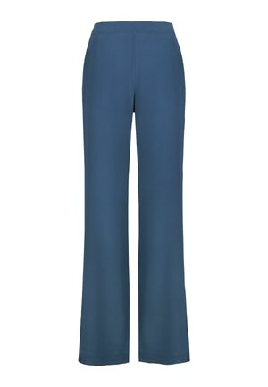 Blaue, weit geschnittene Hose aus glattem Stoff. Verfügt über einen flachen Bund und keine sichtbaren Verschlüsse oder Verzierungen.