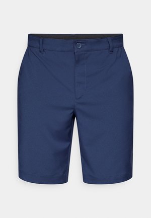 Navy blue shorts made of smooth fabric, featuring a button closure, belt loops, and a subtle front crease. Classic design suitable for casual wear.