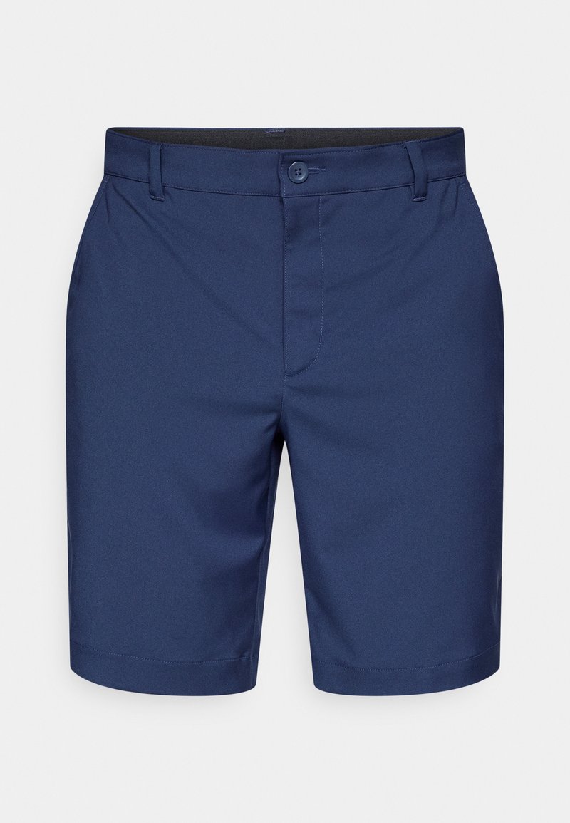 Marineblaue Shorts aus glattem Stoff, mit Knopfverschluss, Gürtelschlaufen und einfacher Vorderfaltung. Klassisches Design, geeignet für legere Kleidung.