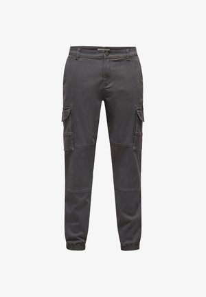 Cargo broeken in donkergrijs, gemaakt van een katoenmix. Voorzien van elastische manchetten, meerdere zijzakken en contrasterende stikseldetails.