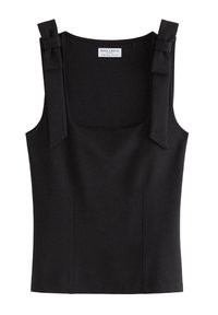 Sort ærmeløs top med firkantet halsudskæring, med to sløjfedetaljer på skuldrene, glat tekstur og skræddersyet pasform.