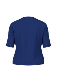 Navy blue short-sleeve top with a rounded neckline and a relaxed fit. Smooth texture and no visible patterns or hardware details.