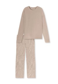 Beige long-sleeve shirt with crew neck, paired with matching pants featuring a white abstract line pattern. Soft, lightweight fabric.