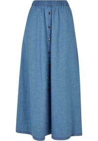 Denim maxi skjørt med elastisk midjebånd, frontlukking med knapper, ensfarget blå farge og flytende silhuett. Glatt tekstur med et klassisk design.