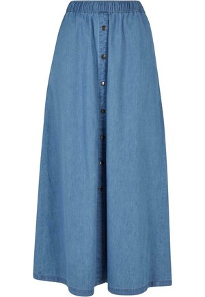 Gonna lunga in denim con vita elasticizzata, chiusura frontale a bottoni, colore blu uniforme e una silhouette fluida. Texture liscia con un design classico.