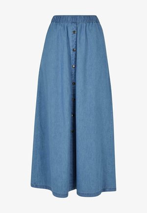 Jeans-Maxikleid mit elastischem Bund, vorderer Knopfleiste, einfarbig blauer Farbe und fließendem Schnitt. Zeitlose Optik mit glatter Textur.