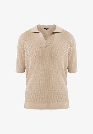 Beige pletená polo košile s krátkými rukávy, s výstřihem do V a strukturovaným otevřeným pletením. Doplňena žebrovaným límcem a lemem.