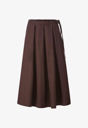 Bruine, knielange rok met een elastische tailleband, voorzien van plooien en een strikdetail aan de zijkant, gemaakt van een gladde stof.
