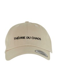 Casquette de baseball beige en coton avec une visière incurvée, arborant du texte noir brodé "THÉORIE DU CHAOS" sur le devant.