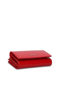Rode portemonnee van lakleer in rechthoekige vorm met een omslagklep. Voorzien van hardware in goudkleur, gestructureerde stiksels en een logo-accent.
