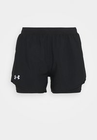 Shorts atléticos negros con cintura elástica, forro interior y un logo plateado de Under Armour en el lado izquierdo. Tejido ligero, corte relajado.