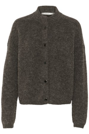 Mørkegrå, fluffy cardigan laget av ull, med høy krage, knappestolpe foran og lange ermer med ribbestrikkede mansjetter.