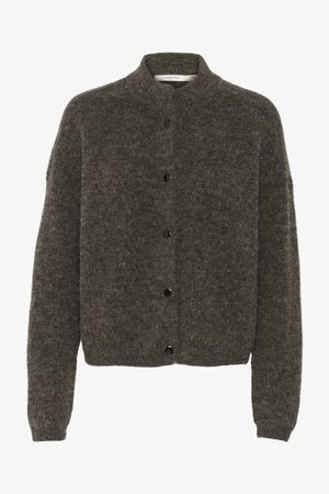 Cardigan felpudo cinza escuro feito de lã, apresentando um colarinho alto, fecho de botões na frente e mangas longas com punhos canelados.