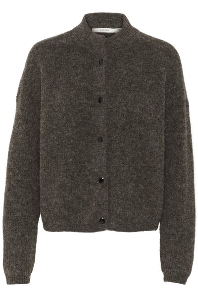 Cardigan en laine de couleur gris foncé, flou, avec un col montant, une fermeture à boutons à l'avant et des manches longues avec des poignets côtelés.