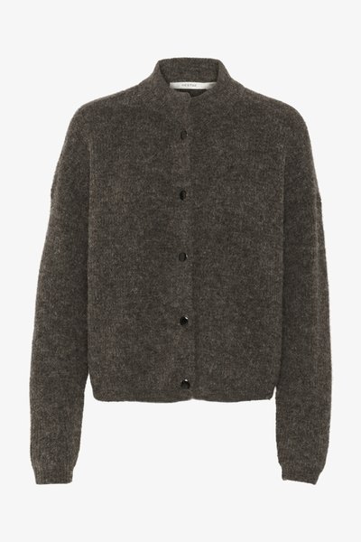 Cardigan en laine de couleur gris foncé, flou, avec un col montant, une fermeture à boutons à l'avant et des manches longues avec des poignets côtelés.