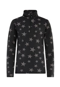 Pull en polaire noir avec une demi-fermeture éclair, présentant un motif d'étoiles dans différentes nuances de gris. Le matériau est doux, avec des manches longues et un col haut.