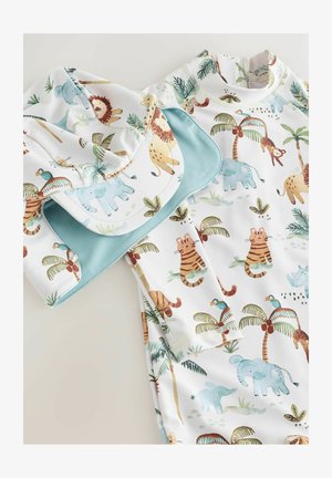 Laste ujumisriiete komplekt valgest kangast, millel on värvikad loomade illustratsioonid, sealhulgas lõvid, elevandid ja tiigrid, türkiissiniste aktsentidega.