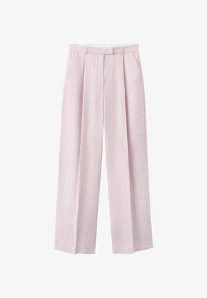 Svijetloružične široke hlače visokog struka s naborima, prednjim džepovima, petljama za remen i skrivenim prednjim kopčanjem.