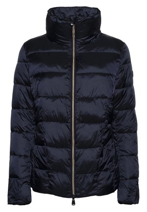 Zwarte glanzende doorgestikte donsjas met hoge kraag en ritssluiting aan de voorkant over de volle lengte.