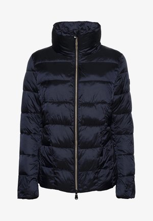 Chaqueta acolchada negra brillante con cuello alto y cierre delantero con cremallera de longitud completa.