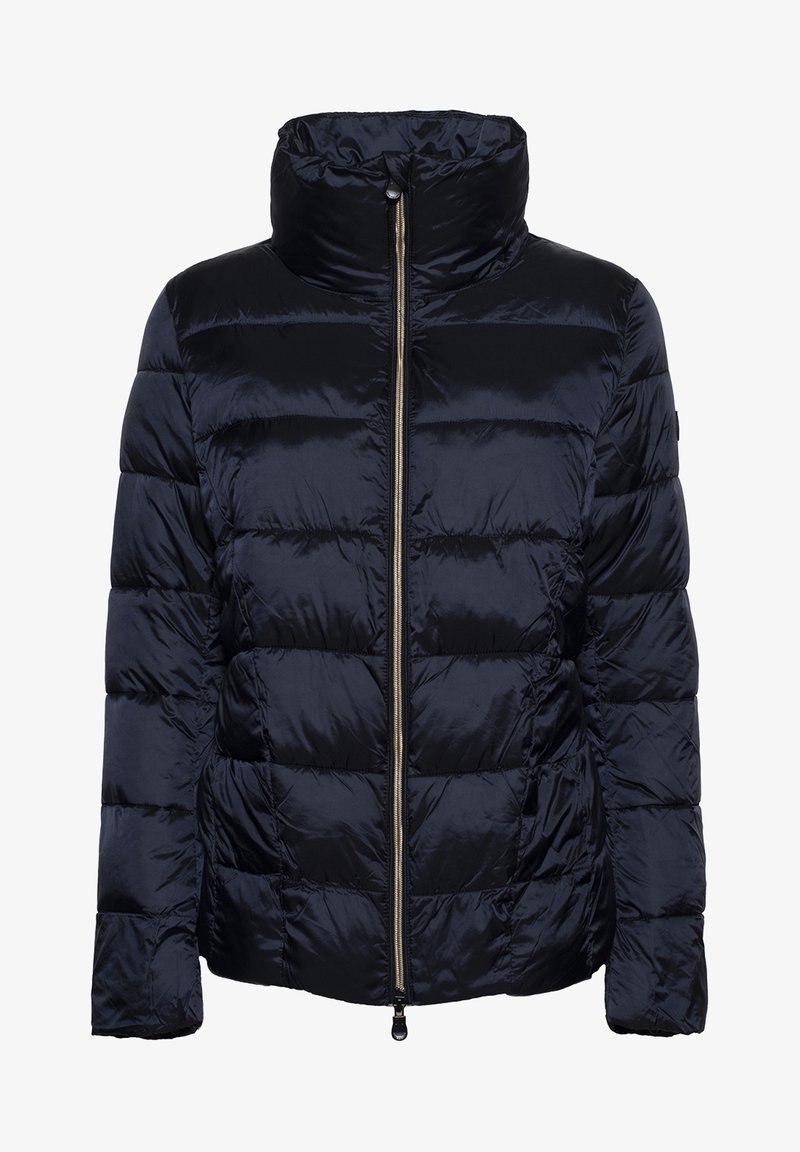 Veste matelassée noire brillante avec col montant et fermeture zippée frontale sur toute la longueur.