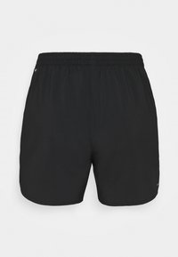Svarta shorts med elastisk midja, slät textur och inga synliga mönster. Har en liten logotyp på nedre vänstra benet.