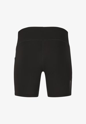 Sorte atletiske shorts lavet af strækbart materiale, med en glat tekstur, en bred talje og en sidelomme med refleksdetaljer.