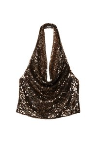 Hnedý trblietavý halter top s drapovaným dizajnom, s hlbokým výstrihom a textúrovaným povrchom vytvoreným prekrývajúcimi sa trblietkami.