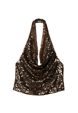 Hnedý trblietavý halter top s drapovaným dizajnom, s hlbokým výstrihom a textúrovaným povrchom vytvoreným prekrývajúcimi sa trblietkami.