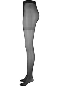 Collant neri trasparenti con una texture liscia, corpino opaco e una cintura elastica. Presentano punte rinforzate e una leggera lucentezza.