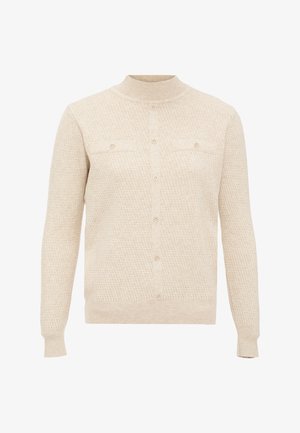 Cardigan beige con texture, colletto alto, chiusura davanti a bottoni e due tasche sul petto. Realizzato in tessuto morbido con polsini e orlo a costine.