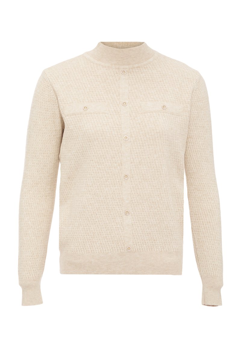 Cardigan beige con texture, colletto alto, chiusura davanti a bottoni e due tasche sul petto. Realizzato in tessuto morbido con polsini e orlo a costine.