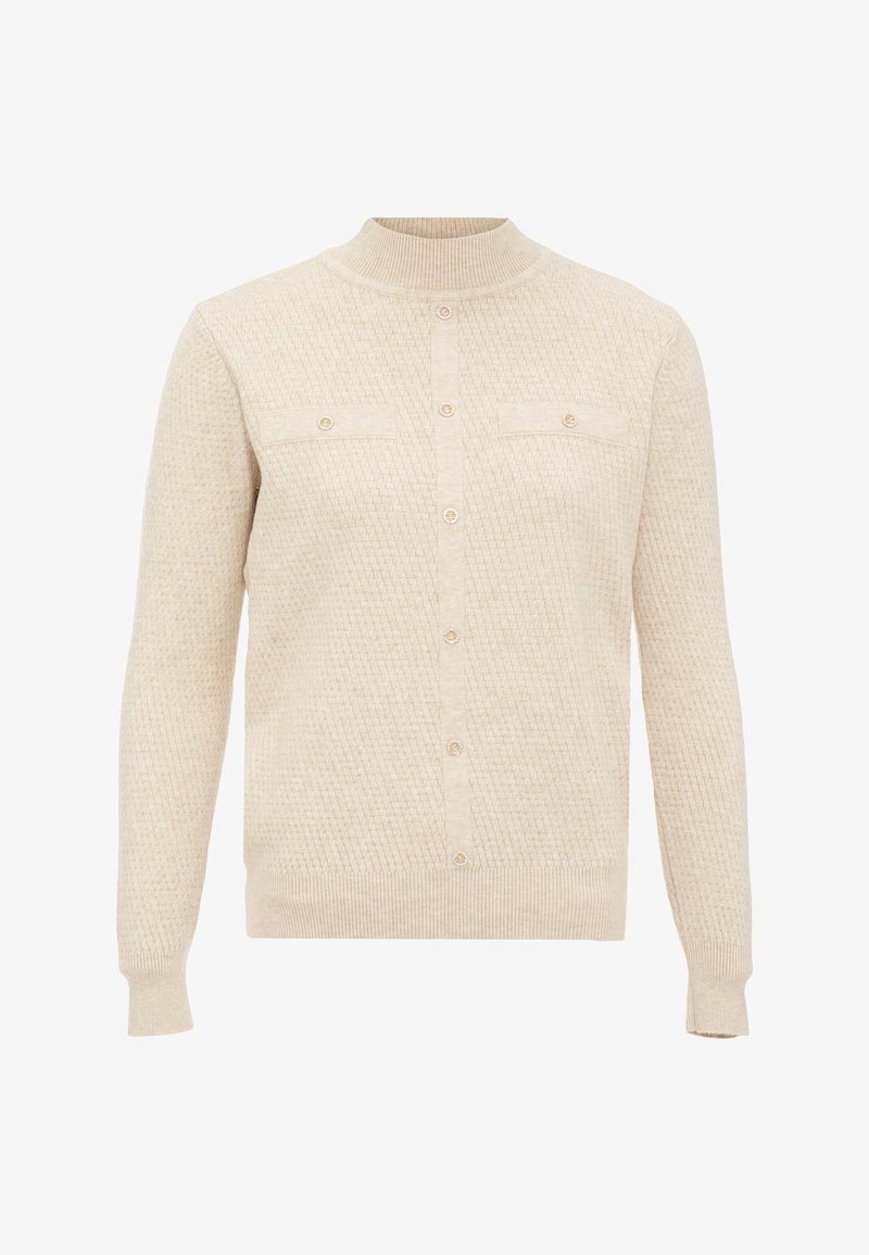 Beige strukturierter Cardigan mit hohem Kragen, Knopfverschluss und zwei Brusttaschen. Hergestellt aus weichem Stoff mit gerippten Bündchen und Saum.