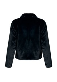 Svart, kort jacka gjord av mjukt, plyschigt material. Har en krage och långa ärmar med en slät yta och inga synliga metalldetaljer.