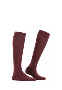 Burgunderfarbene knielange Socken aus weichem, dehnbarem Material mit glatter Textur und gerippten Bündchen für einen sicheren Sitz. Hat ein schlichtes Design.