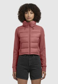 Geknipte jas met een gewatteerd roze lichaam en bijpassende hoge kraag; lange mouwen in een lichter, gestructureerd materiaal. Ritssluiting aan de voorkant en trekkoorddetails.