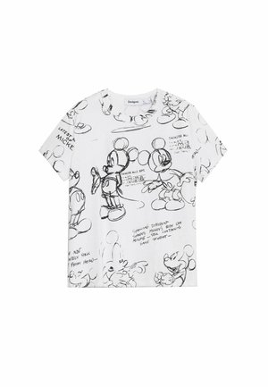 T-shirt blanc à manches courtes présentant des croquis noirs d'un personnage de dessin animé, avec du texte manuscrit et diverses poses sur l'ensemble du tissu.