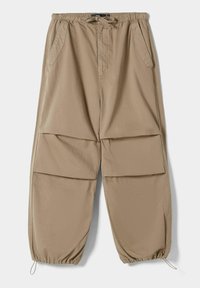 Beige, löst sitzende Hosen aus leichtem Stoff, mit elastischem Bund, Kordelzug und großen, vorderen Taschen mit Klappenverschluss.