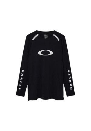Maglietta nera a maniche lunghe Oakley con grande logo grigio Oakley sul petto e testo "OAKLEY" su entrambe le maniche su sfondo bianco.