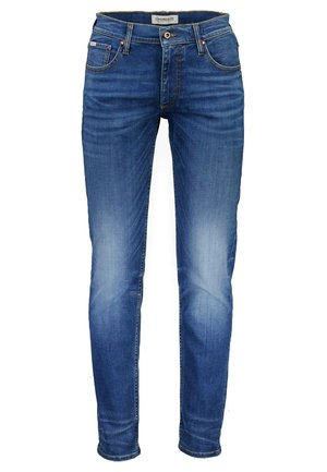 Slim-fit blauwe denim jeans met een medium wash, vijf zakken en contrasterende stiksels. Voorzien van een knoopsluiting en riemlussen.