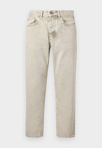 Ανοιχτό μπεζ τζιν παντελόνι με ίσια γραμμή, μπροστινές και πίσω τσέπες, θηλιές για ζώνη και κλείσιμο με κουμπί στη μέση.