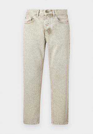 Lyse beige denimjeans med rette ben, front- og baklommer, beltehemper og knappelukking i midjen.