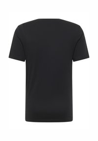 Czarna koszulka z krótkim rękawem wykonana z gładkiej bawełny, z okrągłym dekoltem i prostym dołem. Brak wzorów lub ozdób.