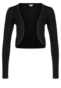 Cardigan court noir à manches longues, ouvert sur le devant avec des bords arrondis, en tissu tricot léger.