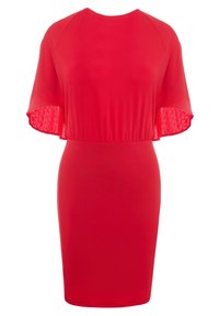 Czerwona sukienka do kolan z dopasowaną talią oraz luźnymi, krótkimi, zwiewnymi rękawami w jednolitym intensywnym czerwonym kolorze.